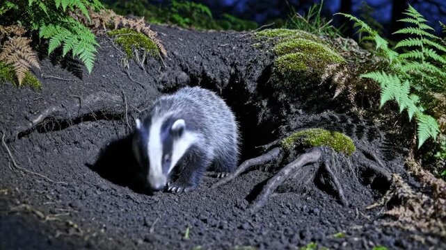 A nocturnal scene captures a badger peeking out of its earthen burrow, enveloped by lush greenery. Ideal for wildlife conservation content, educationa