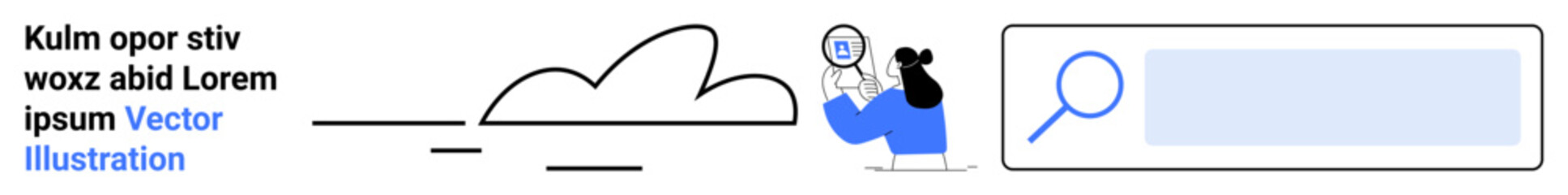 Cloud technology, data retrieval, search tools, digital content, online storage, research. Illustration features a cloud, a person holding a magnifying glass and a search bar. Cloud technology