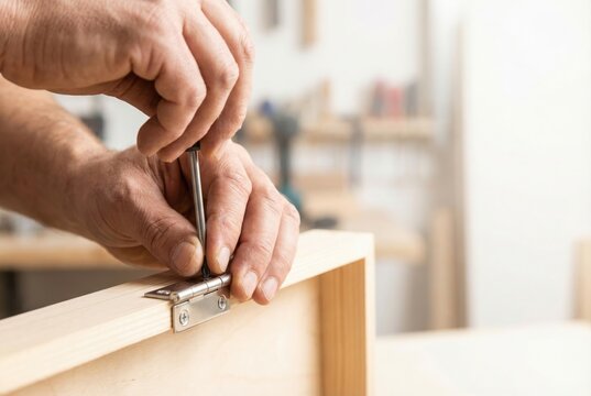 Carpenter installing a metal hinge on a wooden box using a screwdriver