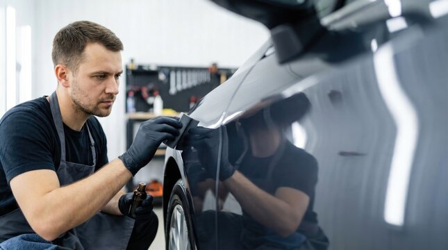 Professional auto detailer applying a ceramic coating to a black car