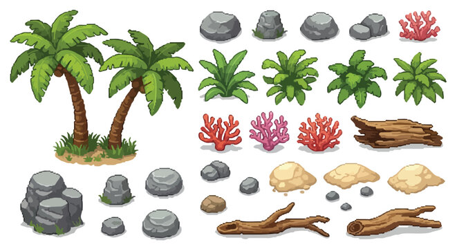 A diverse collection of isometric pixel art assets for games, featuring palm trees, rocks, bushes, corals, sand piles, and driftwood.