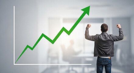 Man celebrating success with a rising graph indicating business growth and positive financial performance.