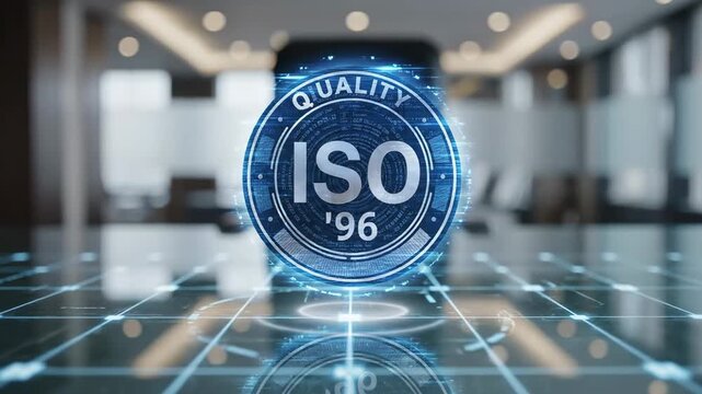 ISO 96 Quality Standard Certification Hologram Displayed in Modern Office Environment
