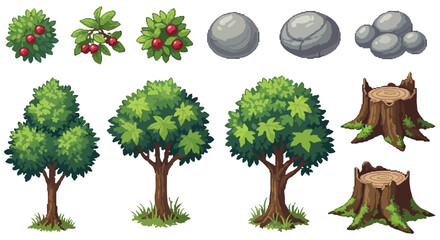 A diverse collection of stylized nature elements, featuring berry bushes, different tree types, assorted rocks, and tree stumps, ideal for game assets or illustrations. © Aqil Art