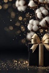 Luxury black gift box with gold ribbon, cotton bolls, and soft snowfall bokeh on dark background.