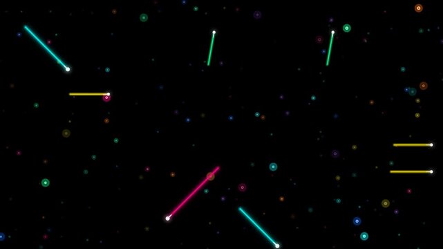Bright, colorful lights and lines dance across a dark background, creating a vibrant abstract display