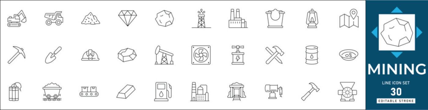 Mining line icon set featuring coal, extraction, industry, machinery, energy, minerals, and resources. Professional editable vector set for engineering.