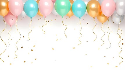 Obraz premium Colorful Floating Party Balloons with Golden Confetti on Clean White Background Festive Celebration Banner Template with Copy Space for Event Promotion