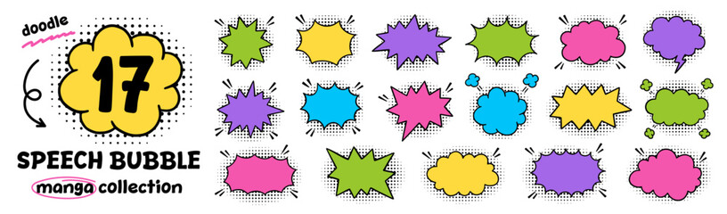 Comic cartoon speech bubble frame set. Explosion and exclamation doodle elements, pop art outline frames and manga speech balloon in sketch style. Hand drawn vector illustration isolated on white back © AnyaLi