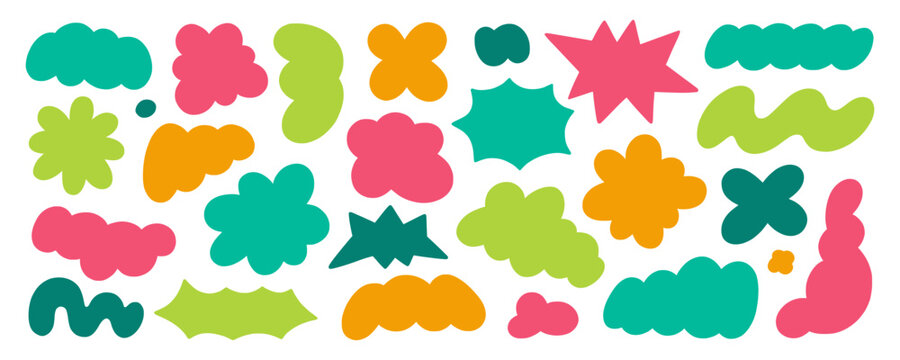 Abstract blob shapes doodle icon set. Hand drawn comic cloud and flower forms, organic stickers and groovy y2k figures in sketch style. Vector illustration isolated on white background