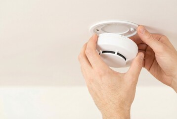 Fototapeta premium Man installing a new smoke detector on a white ceiling for home safety