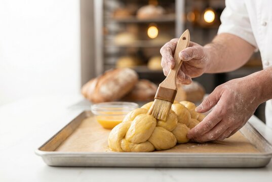 Baker brushing egg wash onto a braided challah dough before baking