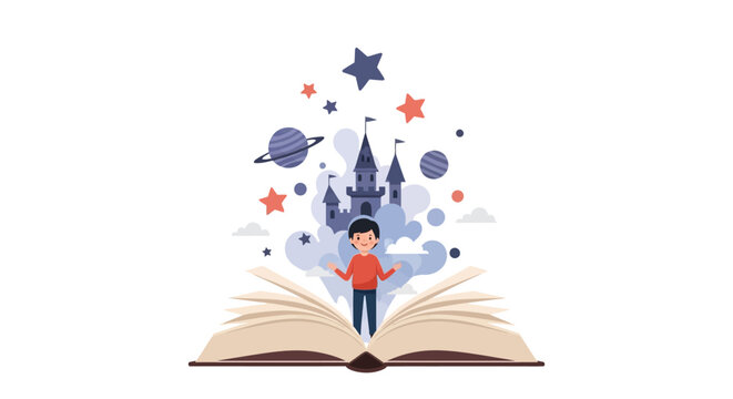A young boy imagines a fantastical world coming out of a book in a colorful illustration with a magical mood