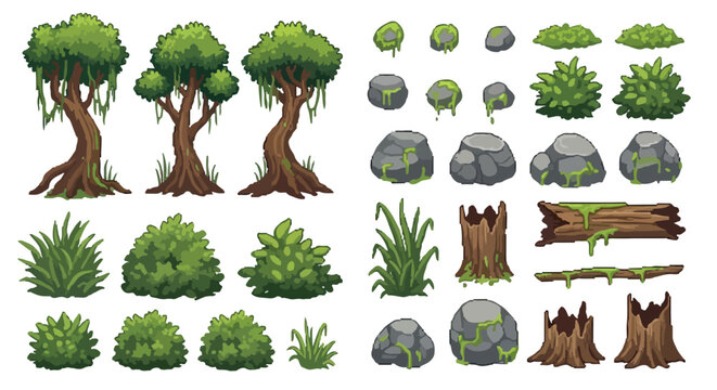 This vector collection features various cartoonish jungle and forest assets including lush trees, bushes, grass, moss-covered rocks, and tree stumps.