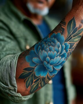 Detailed blue floral tattoo on man&rsquo;s arm for body art inspiration.
