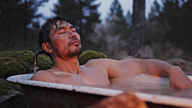 Serene man enjoying outdoor bath in nature with a fire, relaxing and destressing on a tranquil evening