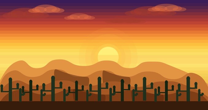 Vector flat illustration of a desert landscape at sunset with silhouette cacti and orange mountains, perfect for video game backgrounds, western themes, and nature scenery design