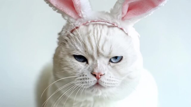 White cat wearing bunny ears with a grumpy expression.
