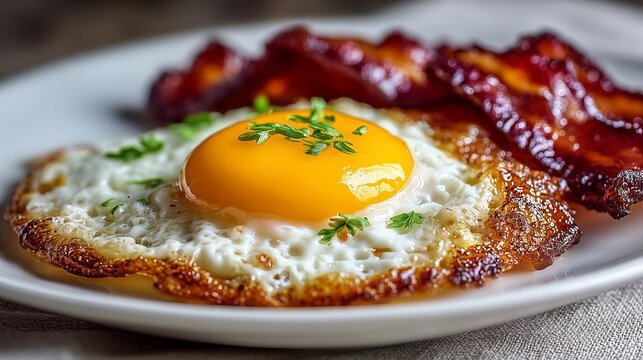 Delicious fried egg and crispy bacon breakfast plate for morning food menus.
