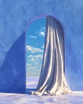 Surreal blue archway with flowing white curtain opening to bright cloudy sky for dreamy backgrounds.
