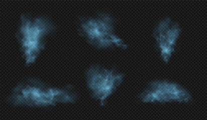 Naklejka premium A set of realistic blue clouds of steam, smoke, or dust on a transparent black background.