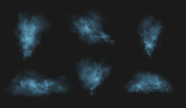 A set of realistic blue clouds of steam, smoke, or dust on a transparent black background.