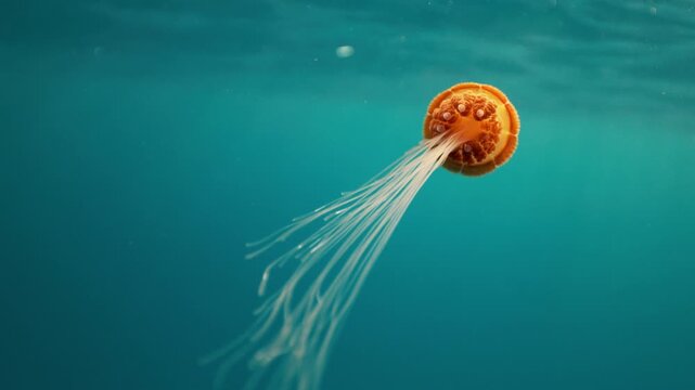Sea northern nettle jellyfish, Chrysaora fuscescens swims in West Coast dark ocean water. Amazing nature background of chrysaora melanaster, also known as orange medusa. Calming beautiful underwater.