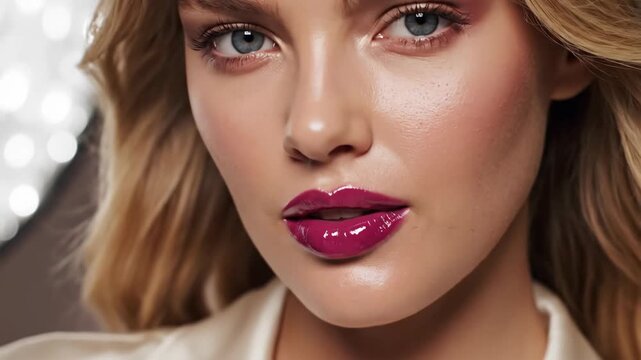 Glamorous Beauty - Close-Up of a Woman with Glossy Lips and Radiant Skin.