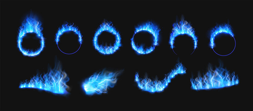 Blue fire burning rings and waves on black, flaming circle frames, realistic fiery shapes with tongues flame vector set