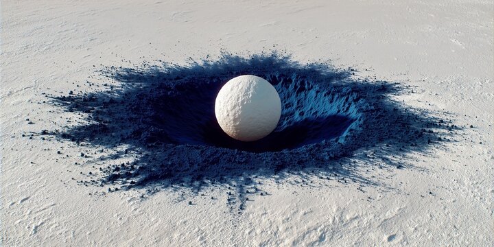Textured white sphere sitting in crater of vibrant blue powder on snowy winter surface.
