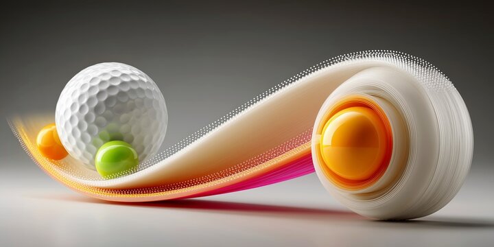 Creative golf ball rolling on abstract smooth colorful ribbon design.

