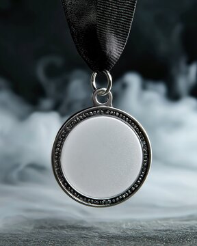 Blank silver achievement medal hanging against dark smoky dramatic background.
