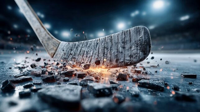 Cinematic ice hockey stick striking ice with dramatic flying particles.
