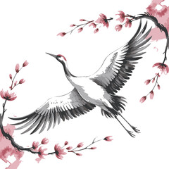Obraz premium Elegant Japanese Red-crowned Crane Flying with Pink Cherry Blossoms Watercolor Art