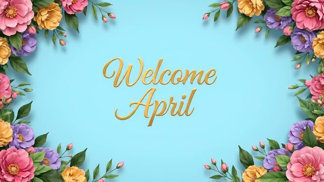 Vibrant floral frame with blooming flowers and green leaves on a pastel blue background, perfect for seasonal greetings and new month welcomes