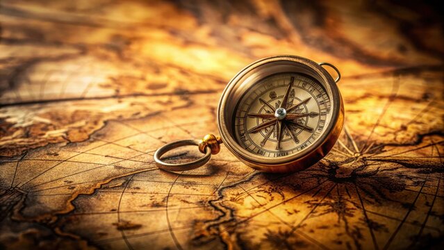 A photo of an old compass pointing north on a faded antique map surrounded by layers of yellowing paper and intricate engravings