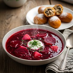 Borscht soup with sour cream and pierogi.
