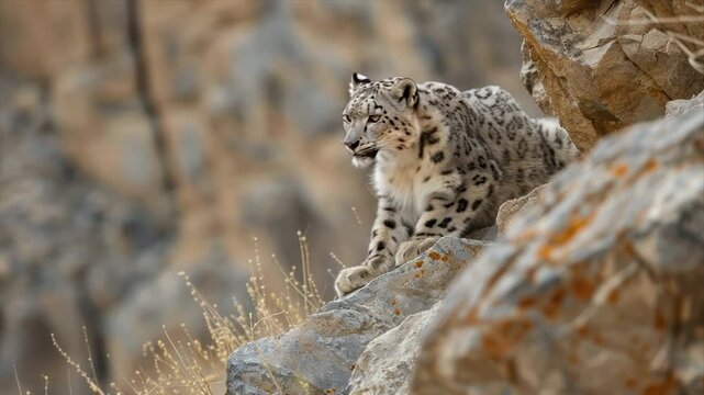 A snow leopard perches on rocks, gazing forward. Mountain landscape in background