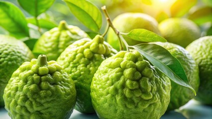 A photo of vibrant green Japanese citron fruits isolated on a pristine white background The smooth skin glistens with natural moisture, while the bri