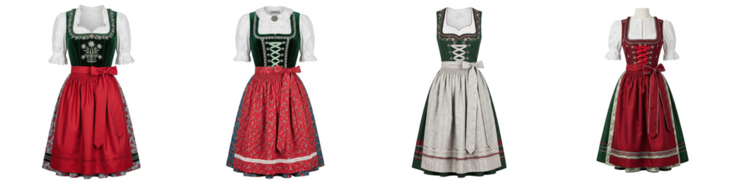 Traditional German Dirndl Fashion Collection, Isolated on White Background PNG, Authentic Alpine Trachten Apparel, Cultural Heritage Design, High-Quality Studio Graphics