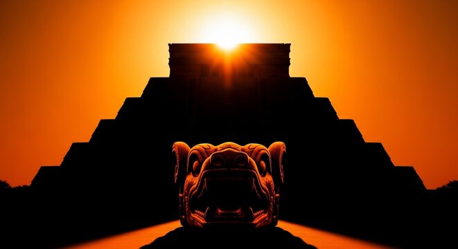 Silhouetted ancient Mayan pyramid with a detailed stone serpent head at its base, dramatic orange sunset sky behind