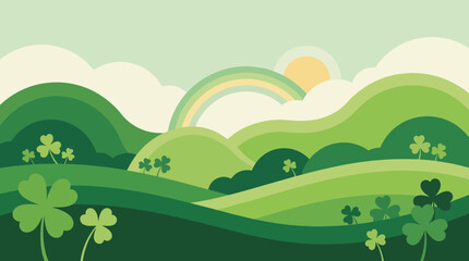 Obraz premium Vibrant green landscape with rainbow and shamrocks at sunrise