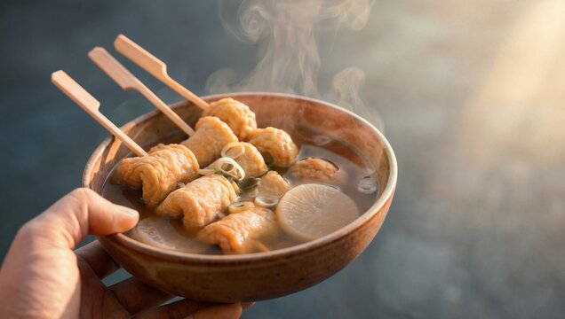 따뜻한 어묵탕 한 그릇, 김이 모락모락 피어오르는 어묵과 맑은 국물이 겨울 식탁에 포근한 위로를 선사합니다.