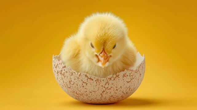 Cute yellow chick sitting in cracked eggshell on bright yellow background. Easter concept with fluffy newborn bird in minimal studio style. High quality 4k footage