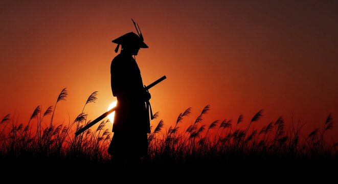 Silhouette of a samurai warrior with a sword standing in tall grass at sunset with an orange sky