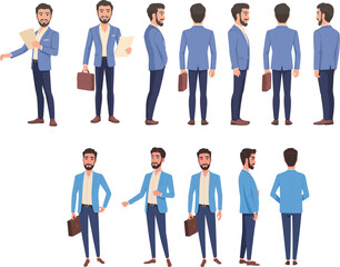 Successful bearded businessman in blue jacket with briefcase character set in various poses for corporate professional presentation office worker concept.