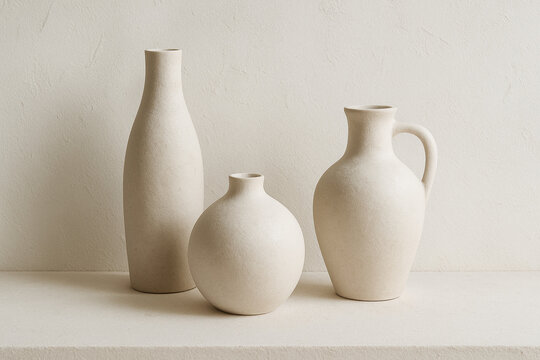 Three cloud dancer ceramic vases on shelf against textured white wall, minimalist nordic interior decor concept
