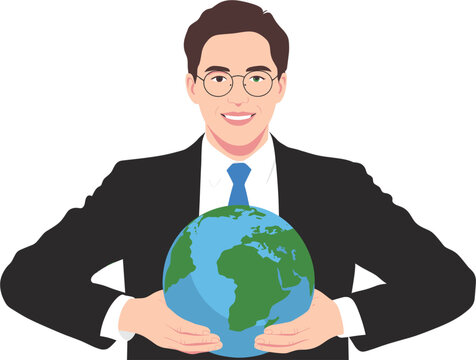 Successful smiling businessman in black suit holding earth globe for global business international corporation world connection concept