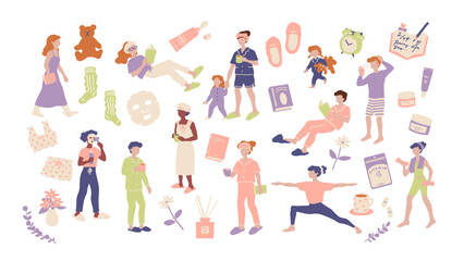 睡眠の質を高める、ヨガ、スキンケアなどをしてリラックスして過ごすパジャマを着た人物の手書きベクターイラスト素材セット Hand-drawn vector illustration set of a person wearing pajamas relaxing before bed.