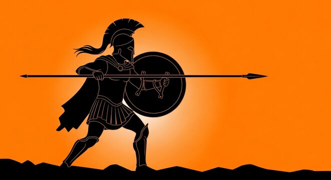 Black silhouette of a Spartan warrior holding a spear and shield, standing in a dynamic pose against a bright orange sunset background